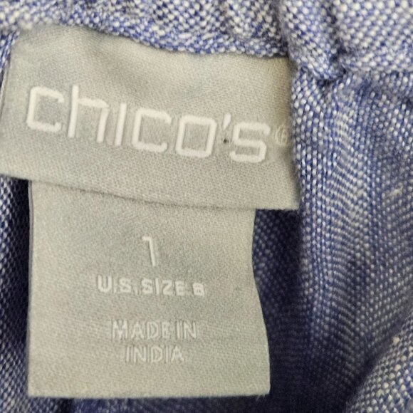 Chico's Womens Linen Pants Size 1 Light Blue Side Button Accents Elastic Waist - Picture 2 of 11